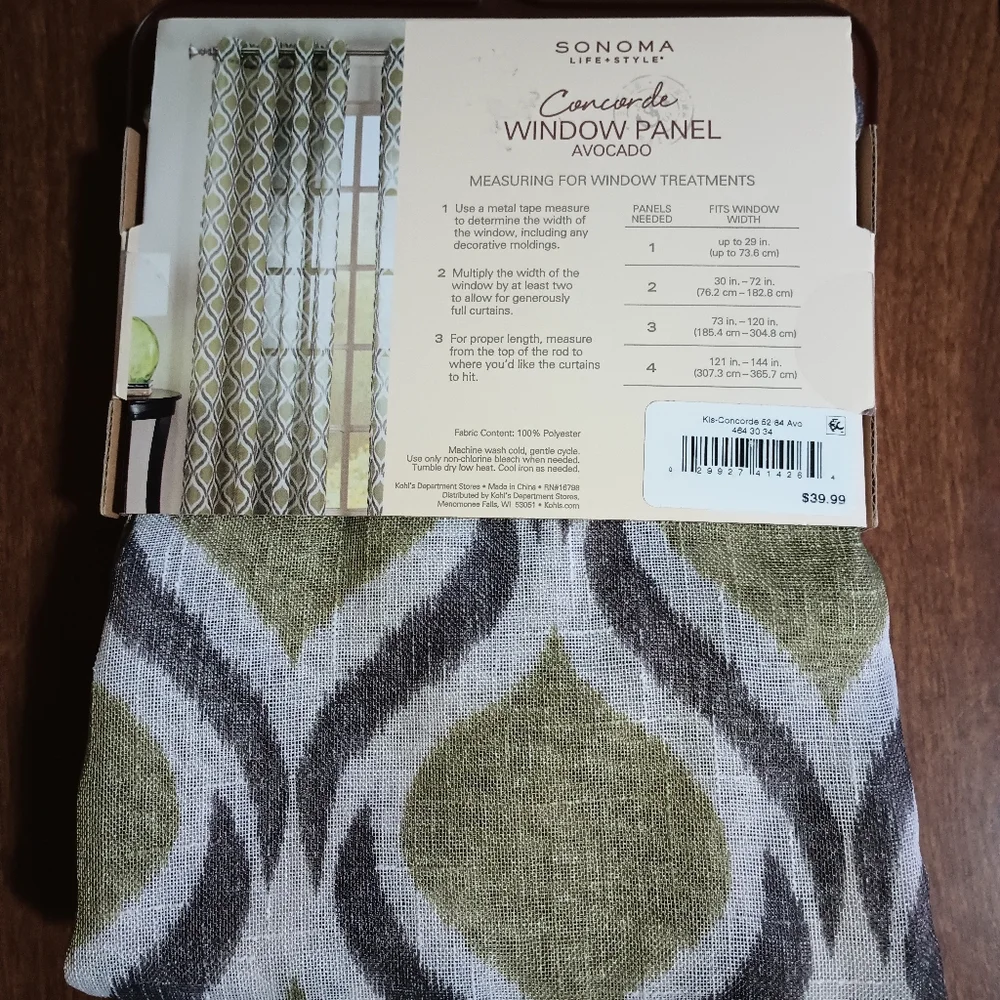 SONOMA Concorde 52 x 84 Light Filtering Window Panel Curtain Avocado Green NWT